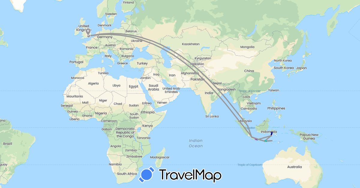 TravelMap itinerary: driving, bus, plane, train, boat in United Kingdom, Indonesia, Singapore (Asia, Europe)