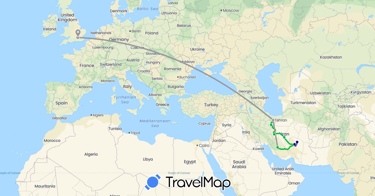 TravelMap itinerary: driving, bus, plane in United Kingdom, Iran (Asia, Europe)