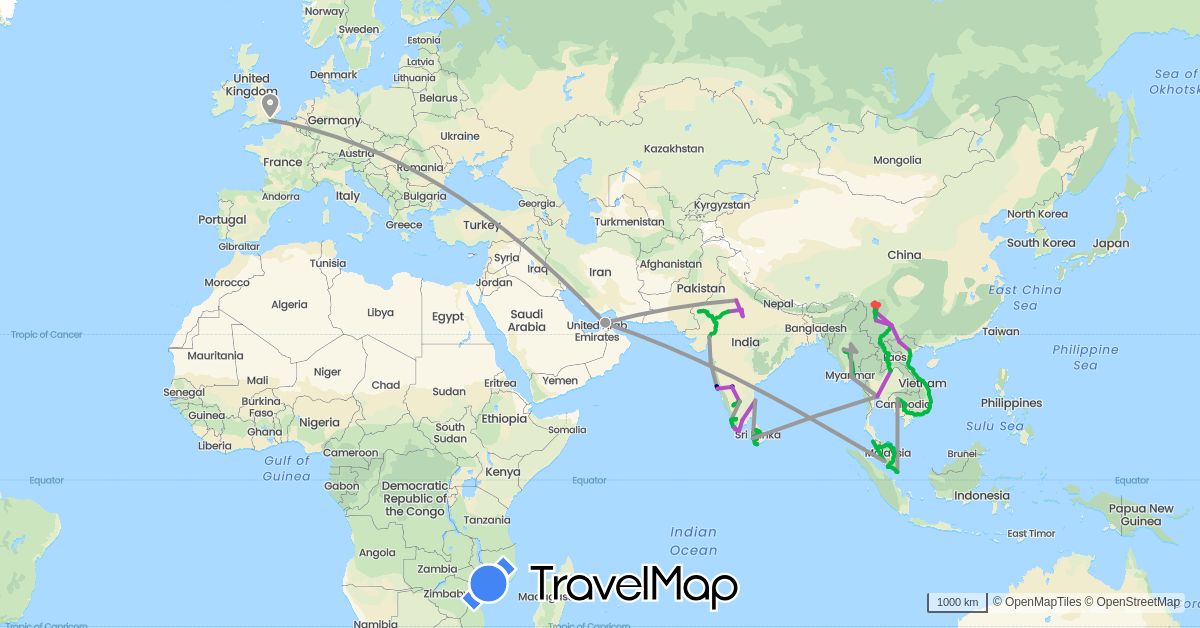 TravelMap itinerary: driving, bus, plane, train, hiking, boat in United Arab Emirates, China, United Kingdom, India, Cambodia, Laos, Sri Lanka, Myanmar (Burma), Malaysia, Singapore, Thailand, Vietnam (Asia, Europe)