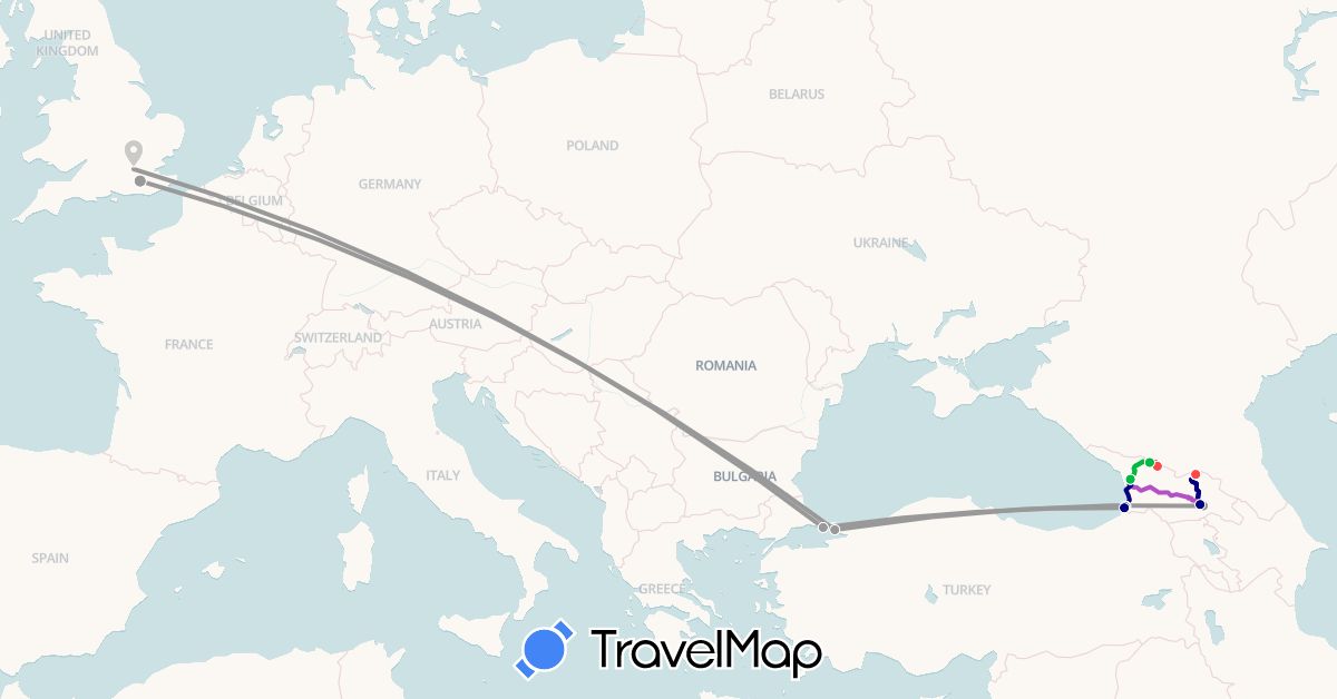 TravelMap itinerary: driving, bus, plane, train, hiking in United Kingdom, Georgia, Turkey (Asia, Europe)