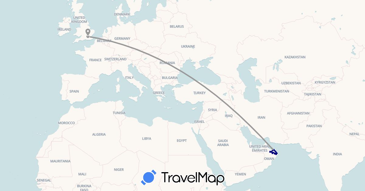 TravelMap itinerary: driving, plane in United Kingdom, Oman (Asia, Europe)