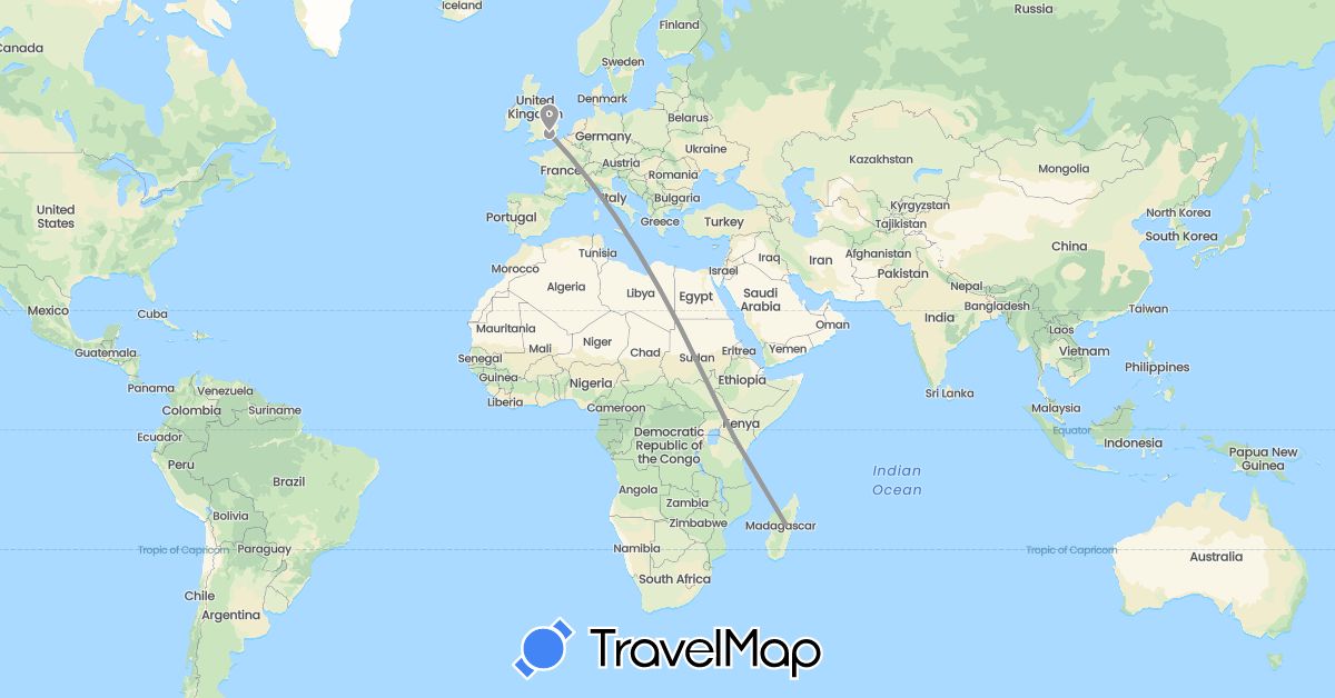 TravelMap itinerary: driving, plane in United Kingdom, Kenya, Madagascar (Africa, Europe)