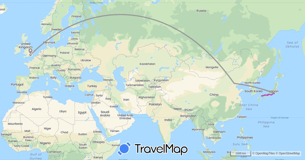 TravelMap itinerary: driving, plane, train, hiking, boat in China, United Kingdom, Japan (Asia, Europe)