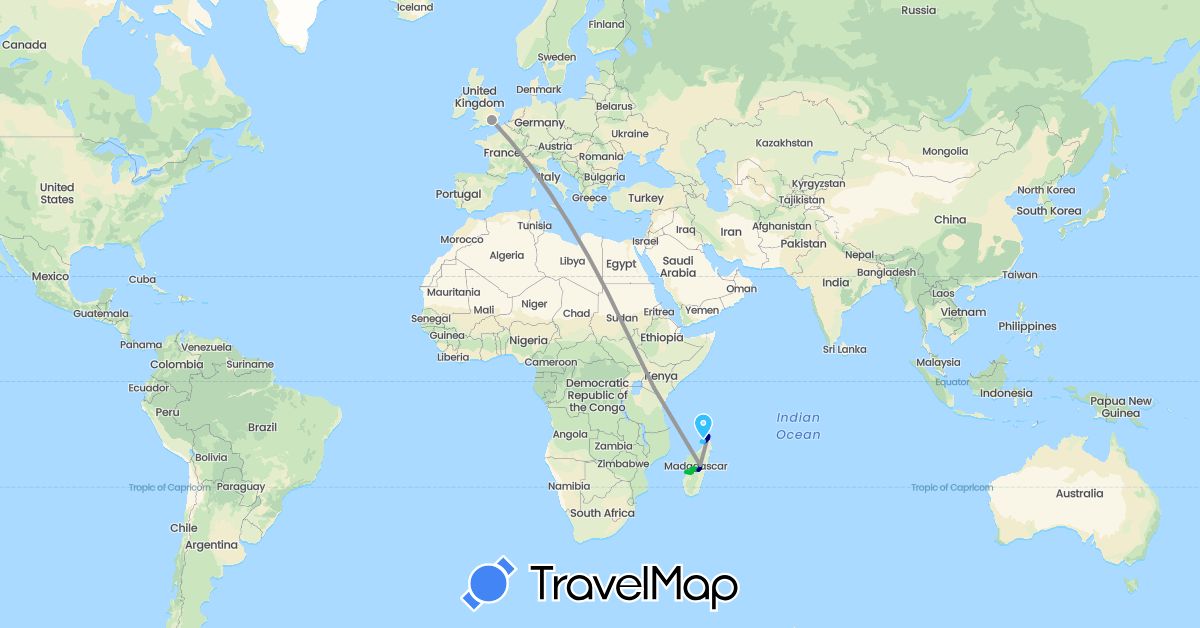TravelMap itinerary: driving, bus, plane, boat in United Kingdom, Kenya, Madagascar (Africa, Europe)