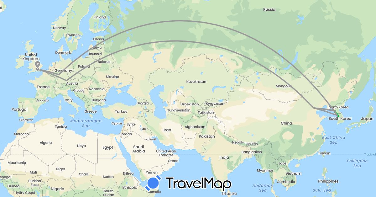 TravelMap itinerary: driving, bus, plane in China, Germany, United Kingdom, North Korea, South Korea (Asia, Europe)