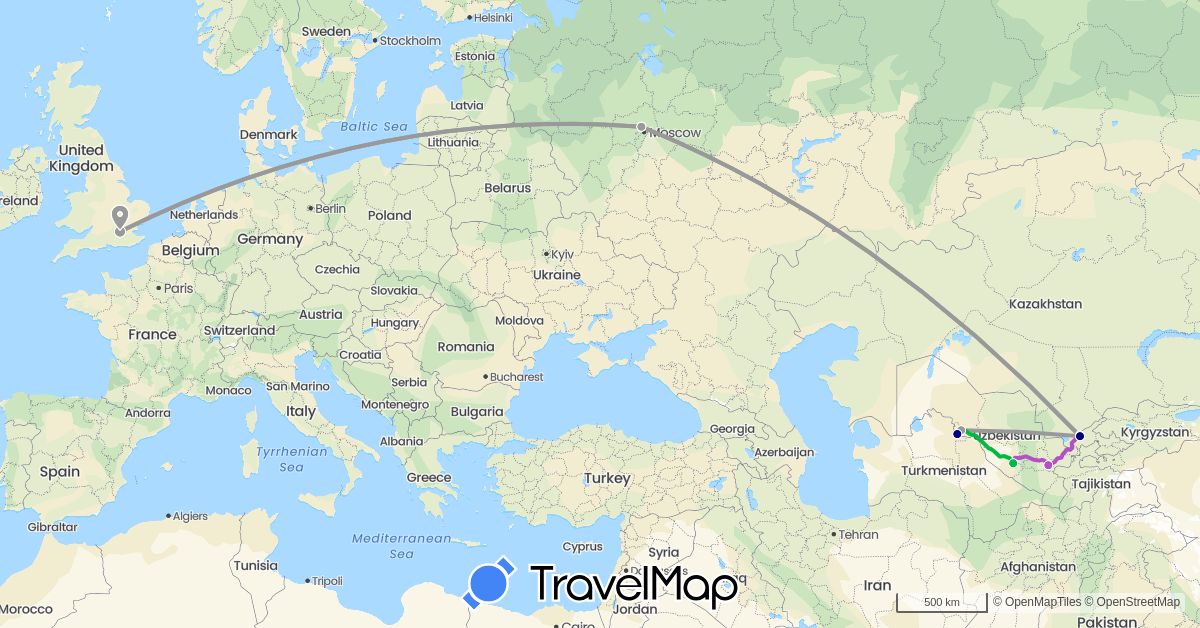 TravelMap itinerary: driving, bus, plane, train in United Kingdom, Russia, Uzbekistan (Asia, Europe)