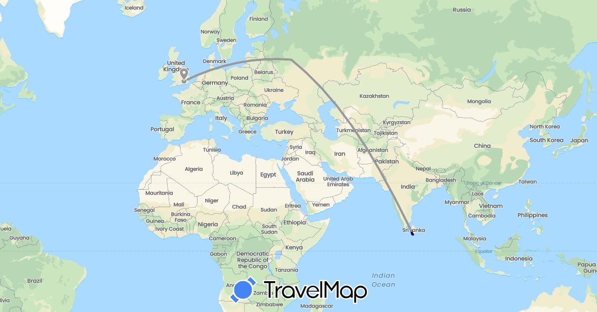 TravelMap itinerary: driving, plane in United Kingdom, Sri Lanka, Russia (Asia, Europe)