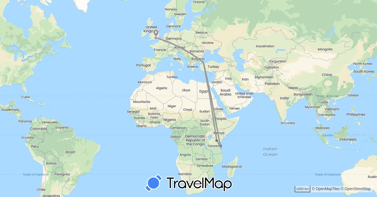 TravelMap itinerary: driving, plane, hiking in United Kingdom, Turkey, Tanzania (Africa, Asia, Europe)