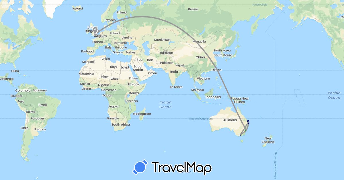 TravelMap itinerary: driving, bus, plane in Australia, United Kingdom, Taiwan (Asia, Europe, Oceania)