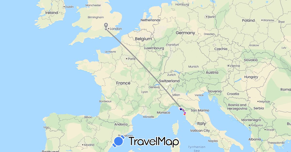 TravelMap itinerary: driving, plane, train, hiking in United Kingdom, Italy (Europe)
